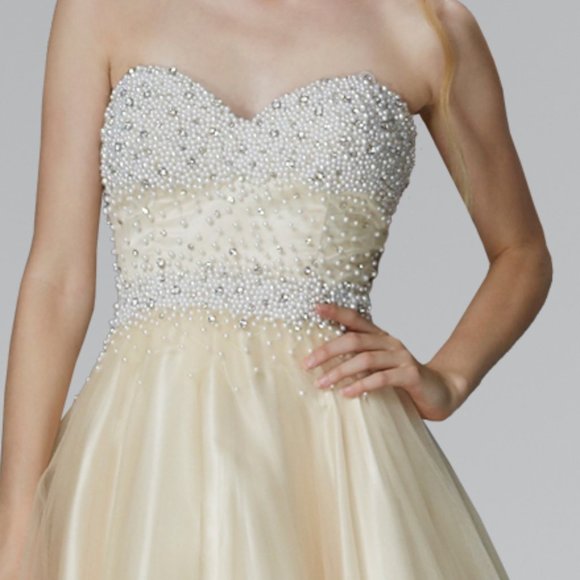 NEW LONG SLEEVELESS STRAPLESS A-LINE TULLE DRESS EMBROIDERED WITH PEARLS GL2155 - Picture 4 of 10